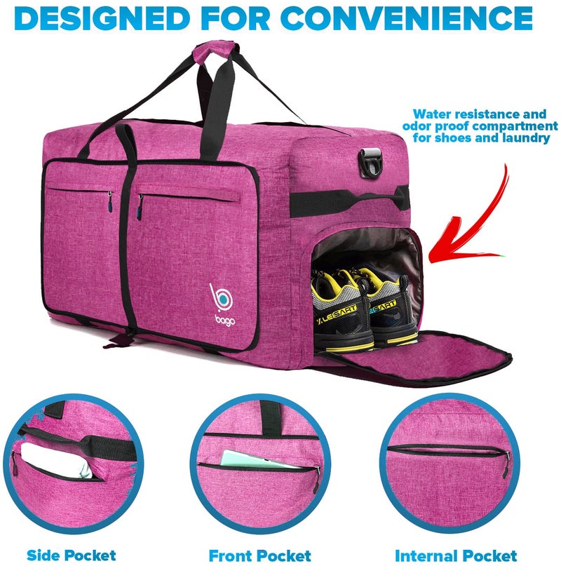 Bago Large Foldable Duffel Bags for Traveling Women & Men - 100L Packable Duffle Bag for Travel with Shoe Compartment - Water Repellant, Heavy Duty, Lightweight Folding & Collapsible (SnowPink) - Image 3